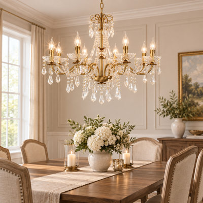 Lustre en cristal rétro 8 lumières, lampe en fer doré antique avec ampoules E12 incluses
