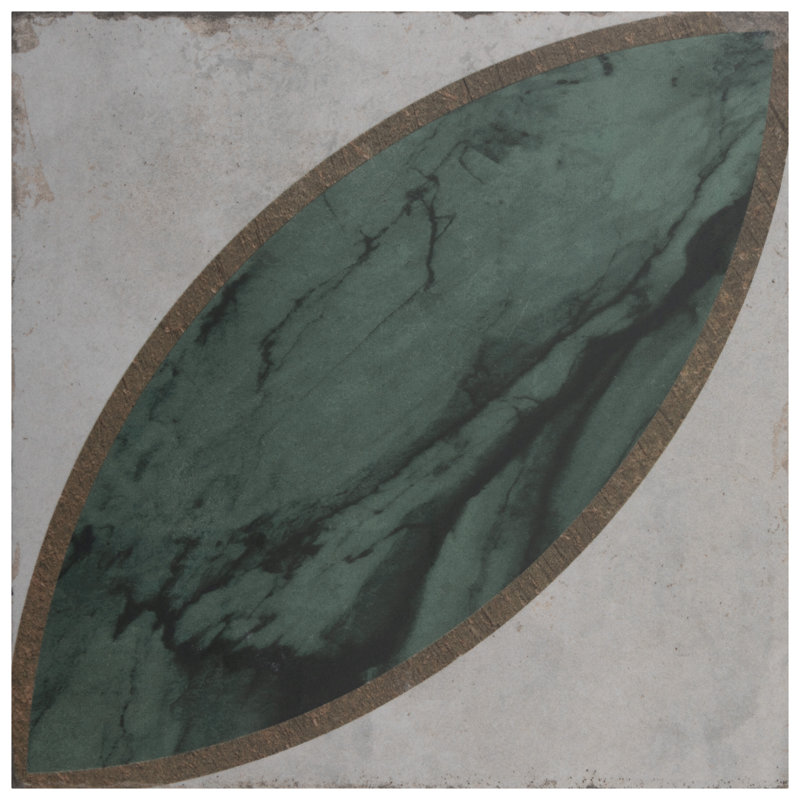 Renaissance Deco 8" x 8" Porcelain Patterned Wall & Floor Tile, Green/White
