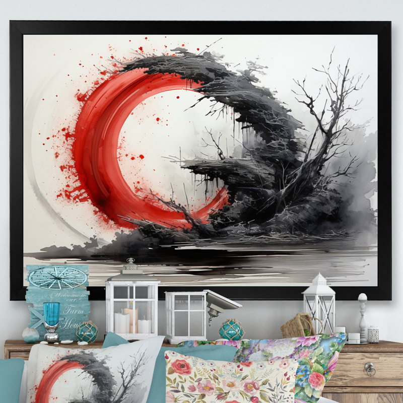 Art bouddhiste rouge et noir Enso Lumenment - impressions murales spirituelles, H 12 po x l 20 po x P 1 po, Cadre simple noir