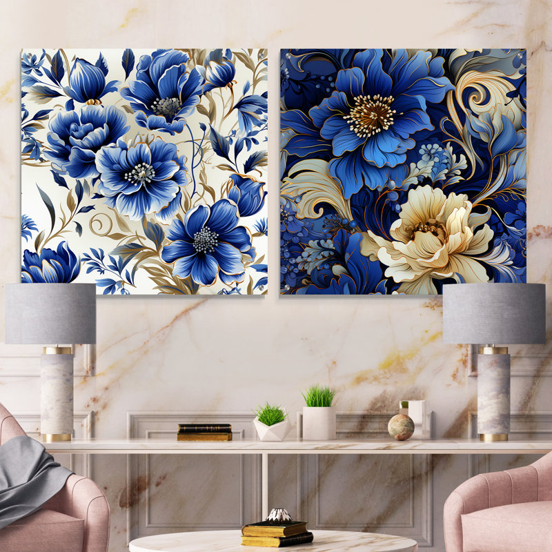 Motif victorien bleu cobalt Art Nouveau, H 16 po x l 33 po
