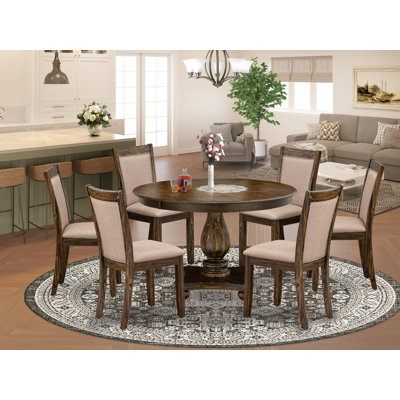 Ensemble de salle à manger 7 pièces composé d'une table de salle à manger ronde avec piédestal et 6 chaises rembourrées en tissu kaki foncé, jacobin vieilli
