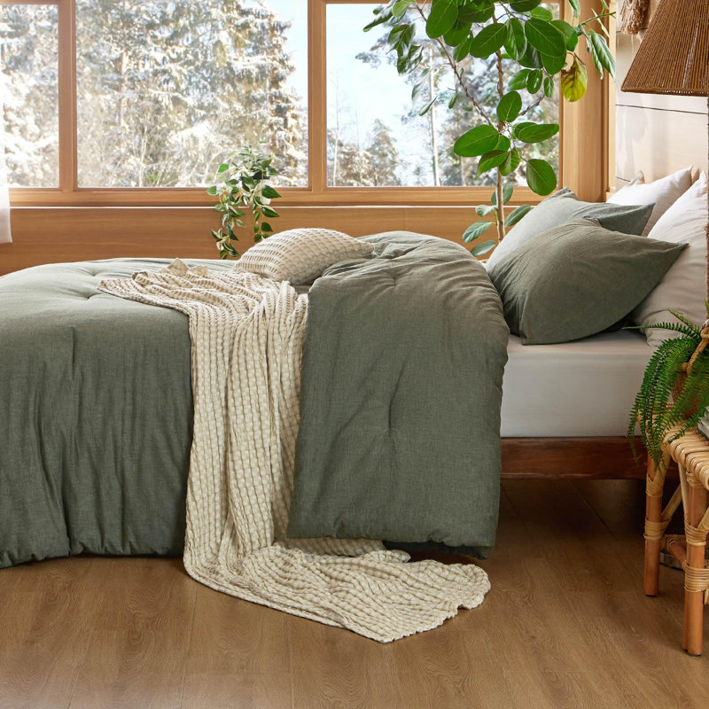 Cozy Winter Collection Bedsure 5 Pieces Cotton Comforter Set with Cotton Waffle Throw Blanket, Olive Green