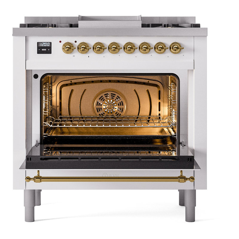 ILVE Nostalgie II 36 Dual Fuel Range, knobs, White/Brass, Natural Gas