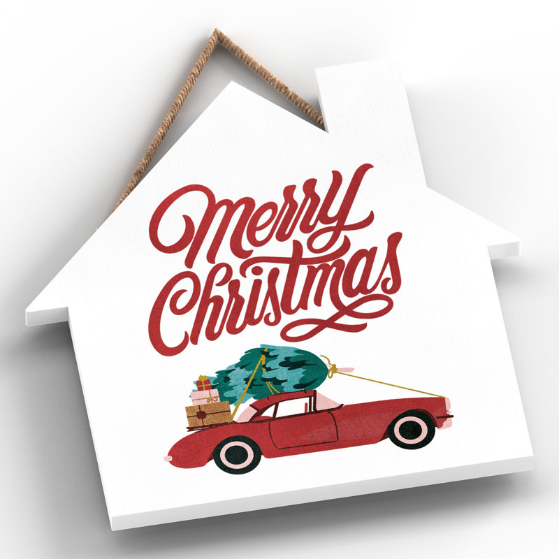 Xmas Merry Christmas Car Wooden House Plaque, 9.9cm H x 9.9cm W x 0.5cm D