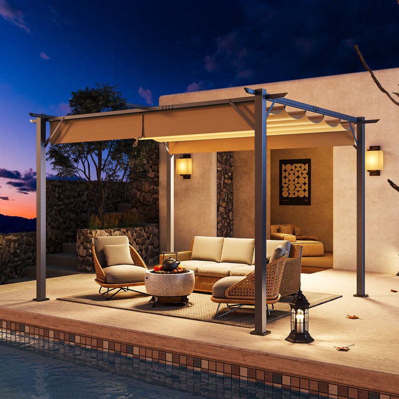 12 ft. W x 10 ft. D Outdoor Metal Pergola with Retractable Canopy and Anchoring Stand, 12 ft. W x 10 ft. D
