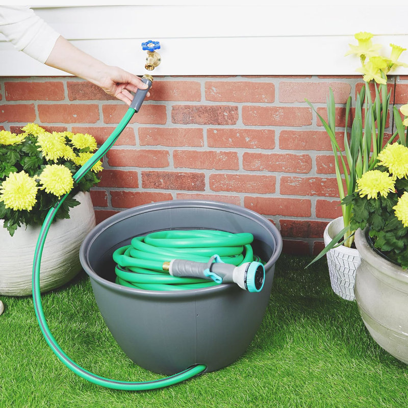 Gray Plastic Garden Hose Storage Pot, 100 ft Capacity