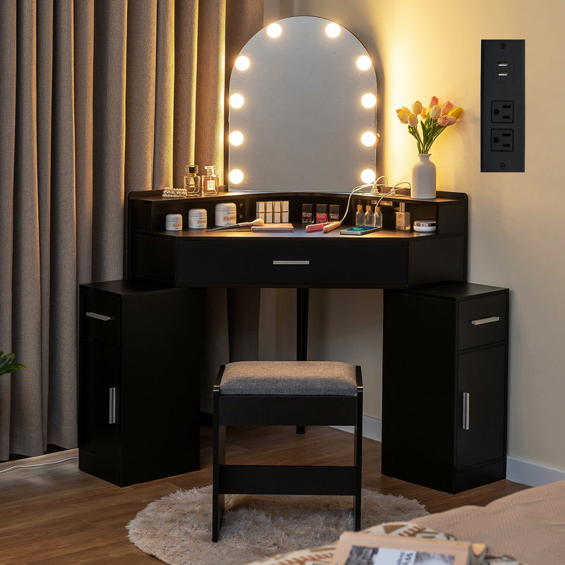 Ensemble coiffeuse avec tabouret et miroir Evangelos, Noir