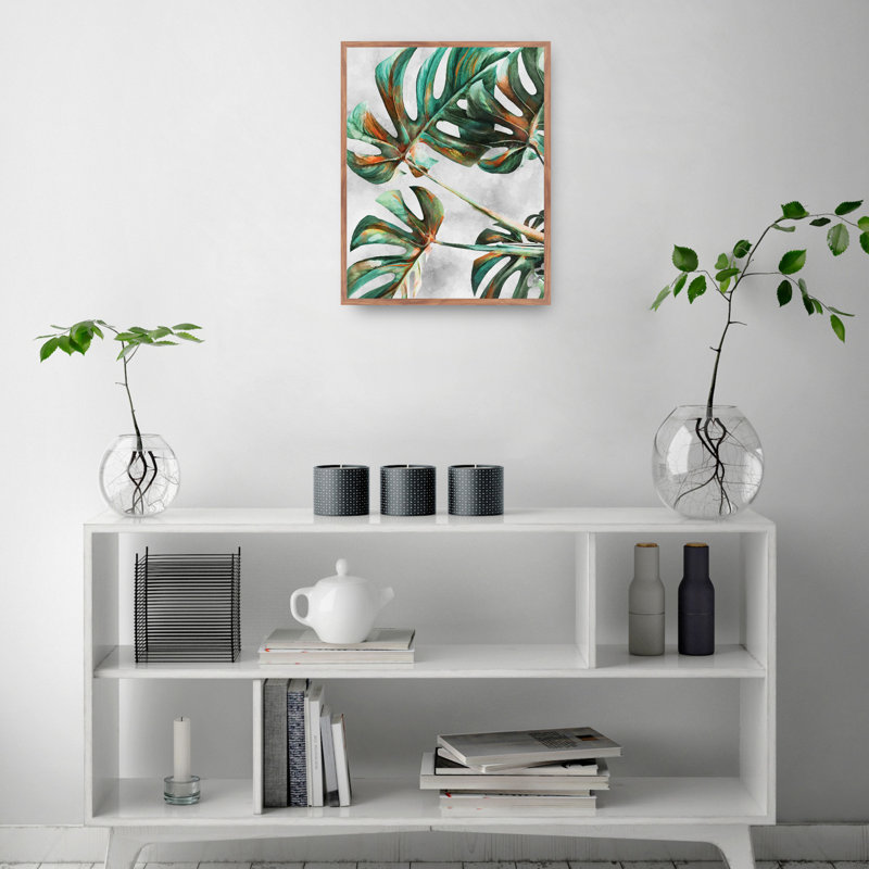 Monstera Green and Orange Canvas Art Print with Maple Frame