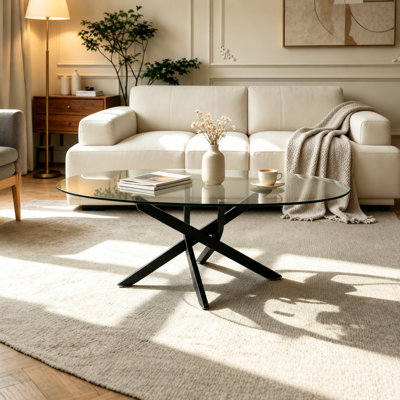 39" Oval Glass Coffee Table, Tempered Glass Top with Crisscross Stainless Steel Legs, Accent Table for Living Room & Home Office