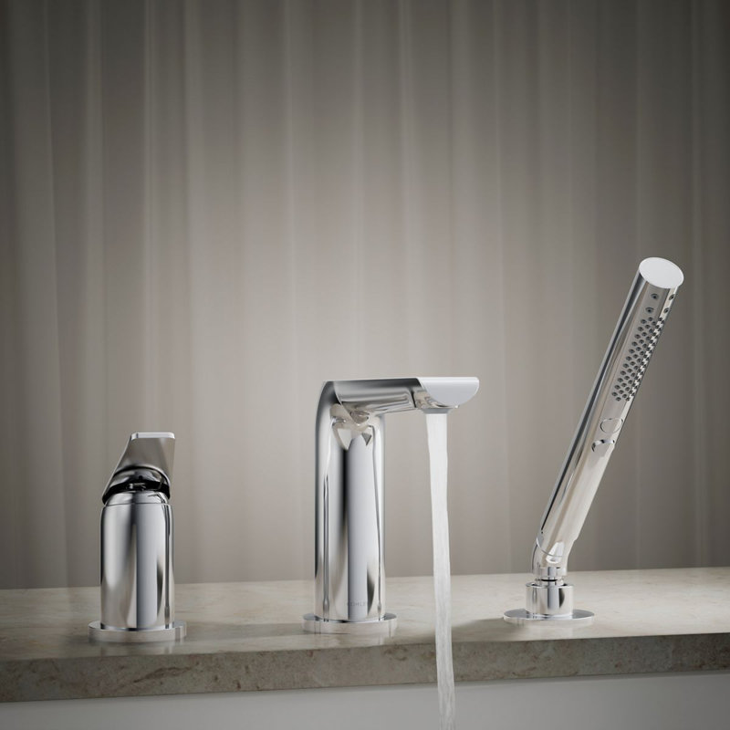 Avid Deck-Mount Bath Faucet With Handshower, Polished Chrome