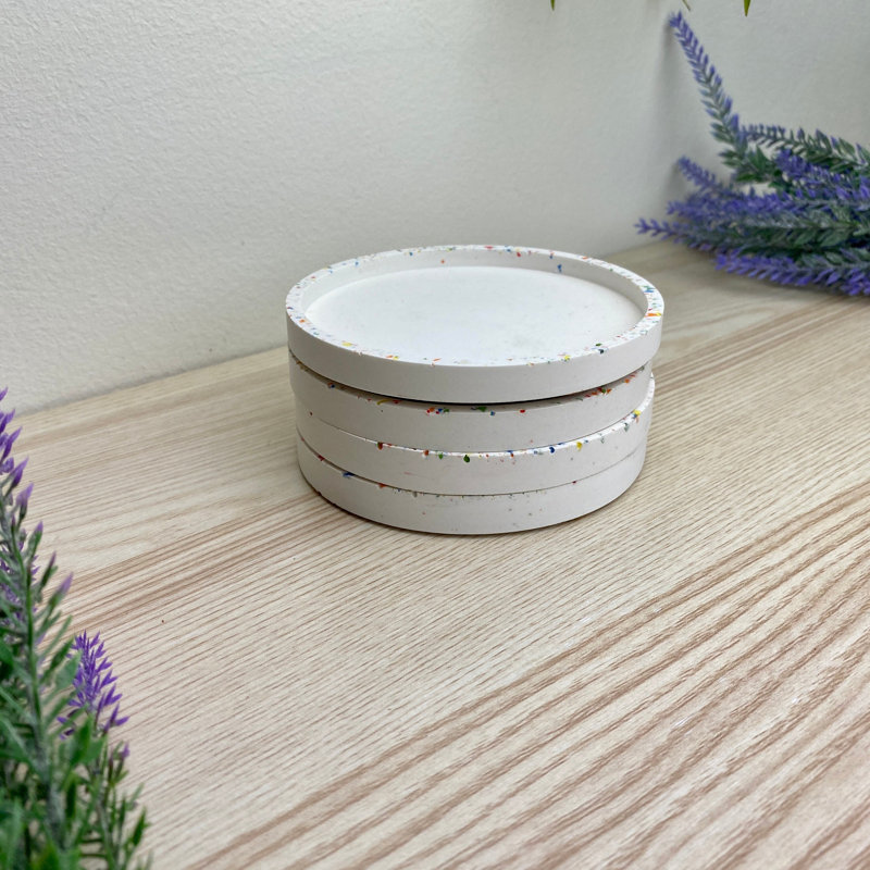 Stoneware Round 4 Piece Coaster Set, Rainbow Terazzo