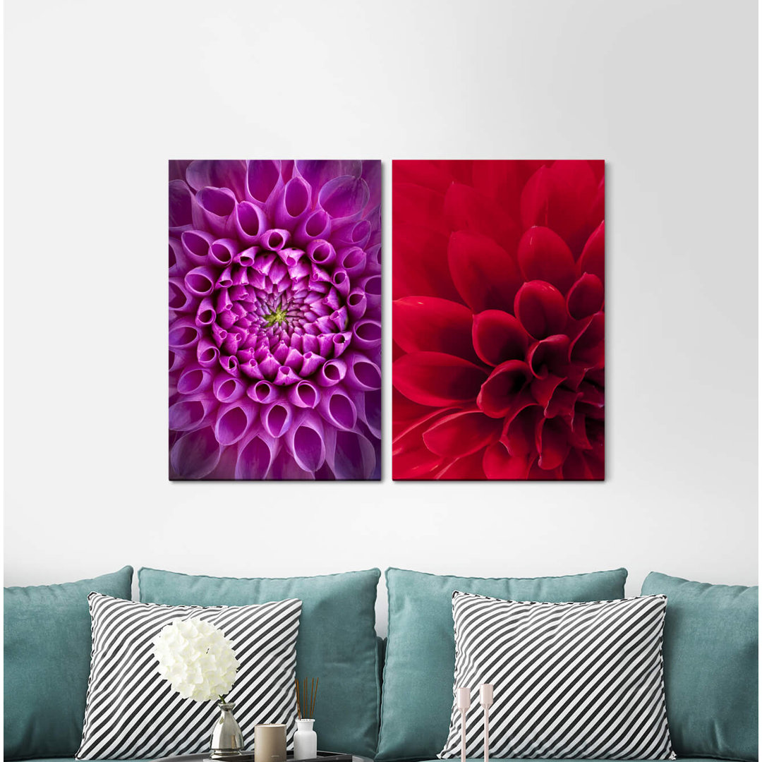 2-tlg. Leinwandbilder-Set Dahlia Red Flower Purple Summer Colourfulwarm