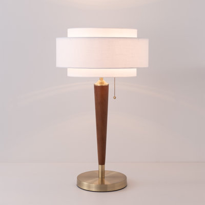 Lampe de table Pasadena, abat-jour en lin blanc Keindl, noyer foncé, laiton vieilli