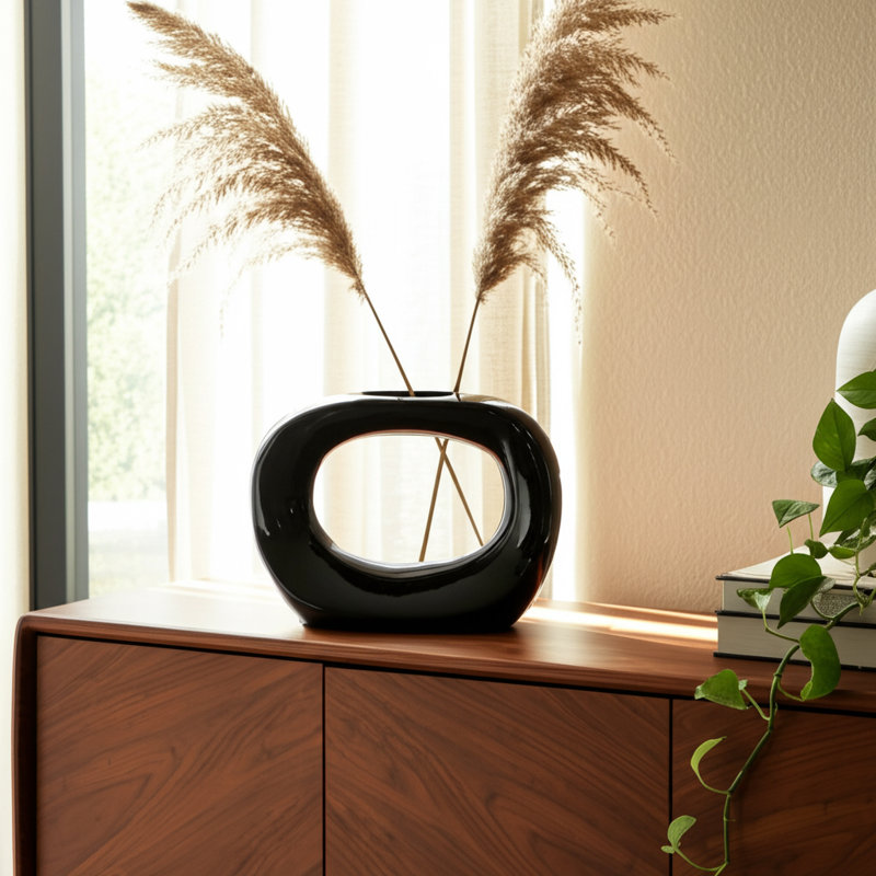 Vase Stoneware Ceramic Boho Modern Sculptural Accent Decorative Contemporary Artful Organic Shape Handmade Look Stylish Sleek Statement Piece Versatile Durable Minimalist Design Bold Form
