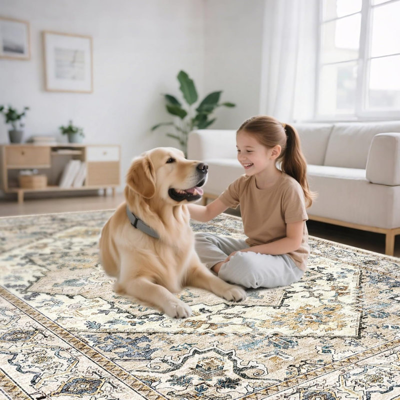 5' x 7' Beige Blue Vintage Medallion Area Rug for Living Room Bedroom
