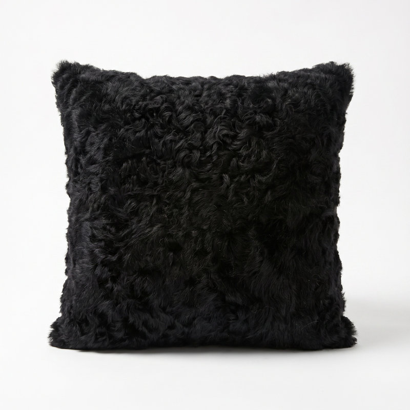 Curly Kalgan Lambskin Throw Pillow with Feather Down Insert, Black, 24" x 24"