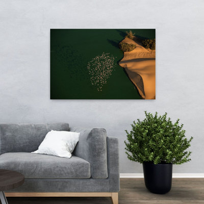 Pink Flamingos Desert Lake Serene Tranquil Vibrant Bird Flamingo Landscape Nature Wall Art Print 1 Piece Wrapped Canvas Wall Art