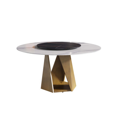 59.05" Round Artificial Marble Dining Table with Artificial Stone Turntable-Iron Metal Base(Dining Table Only)