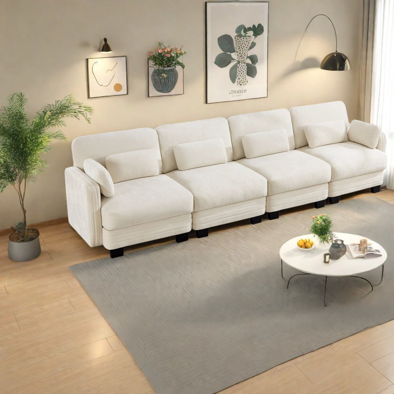 Canapé d'angle modulaire à compression, canapé moderne 4 places en chenille beige pour la maison