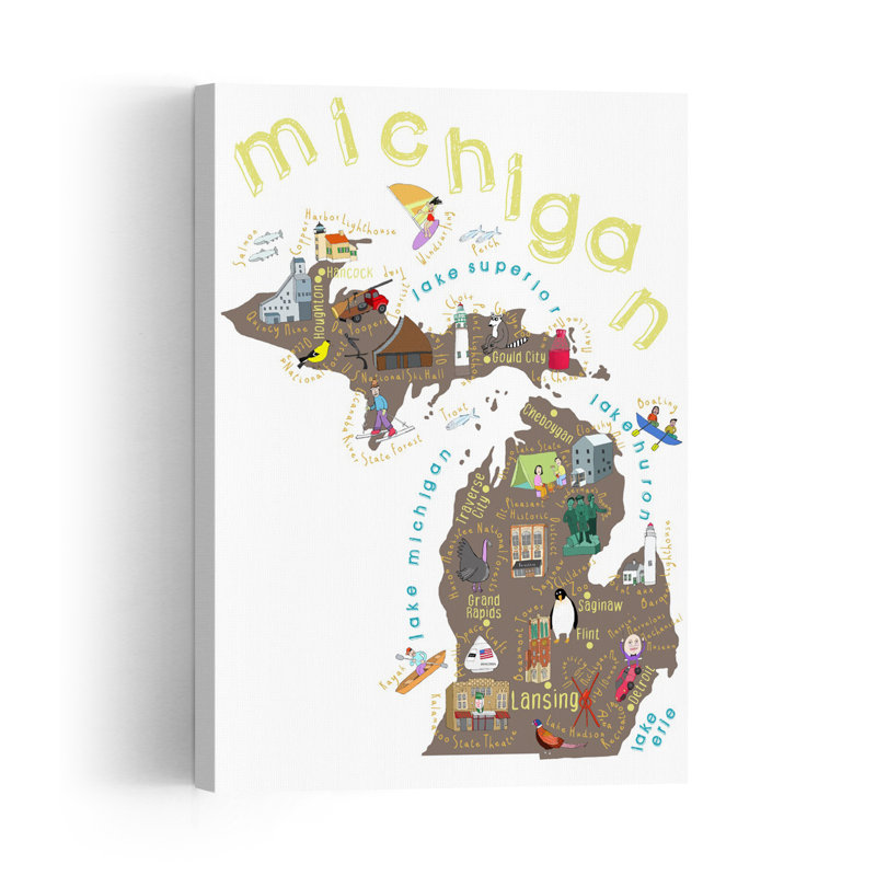 Illustrated Map Of Michigan Abstract Contemporary Architecture City Wall Art Print 1 Piece Wrapped Canvas Wall Art