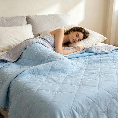  Reversible Quilted Summer Blanket, Soft & Cozy 100% Polyester Lightweight Breathable Quick Dry Throw Blanket for Couch Bed AC Room All Season, Light Blue, 40''X60''.