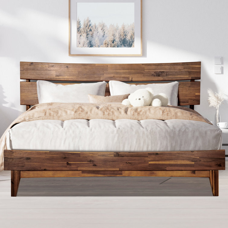 Antione Acacia Solid Wood Platform Bed, Bed Frame with Headboard, Farmhouse Bed Frame Style