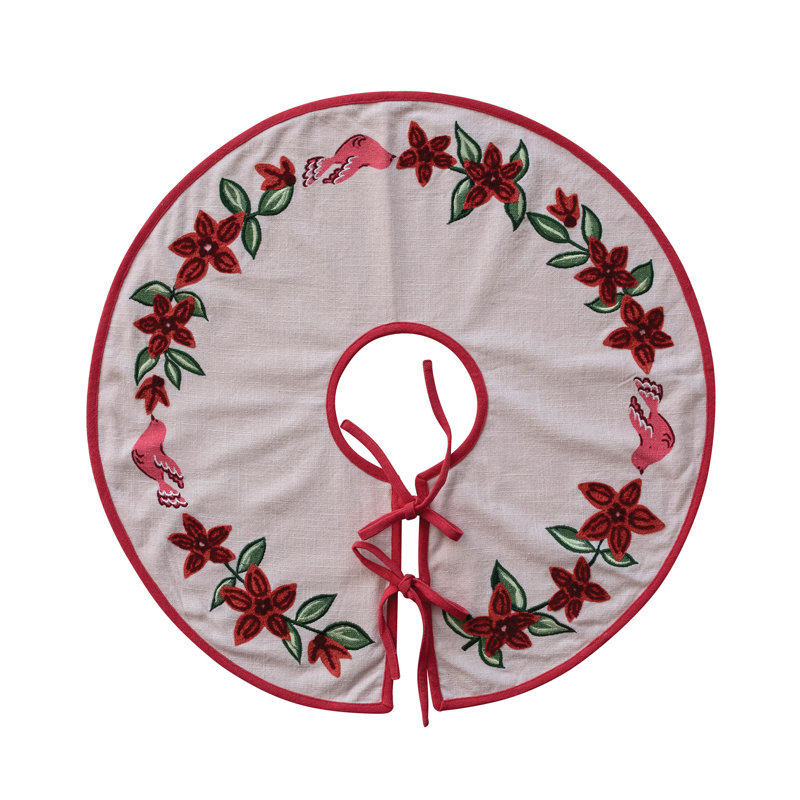 Jupe d'arbre en coton brodée avec poinsettias oiseaux