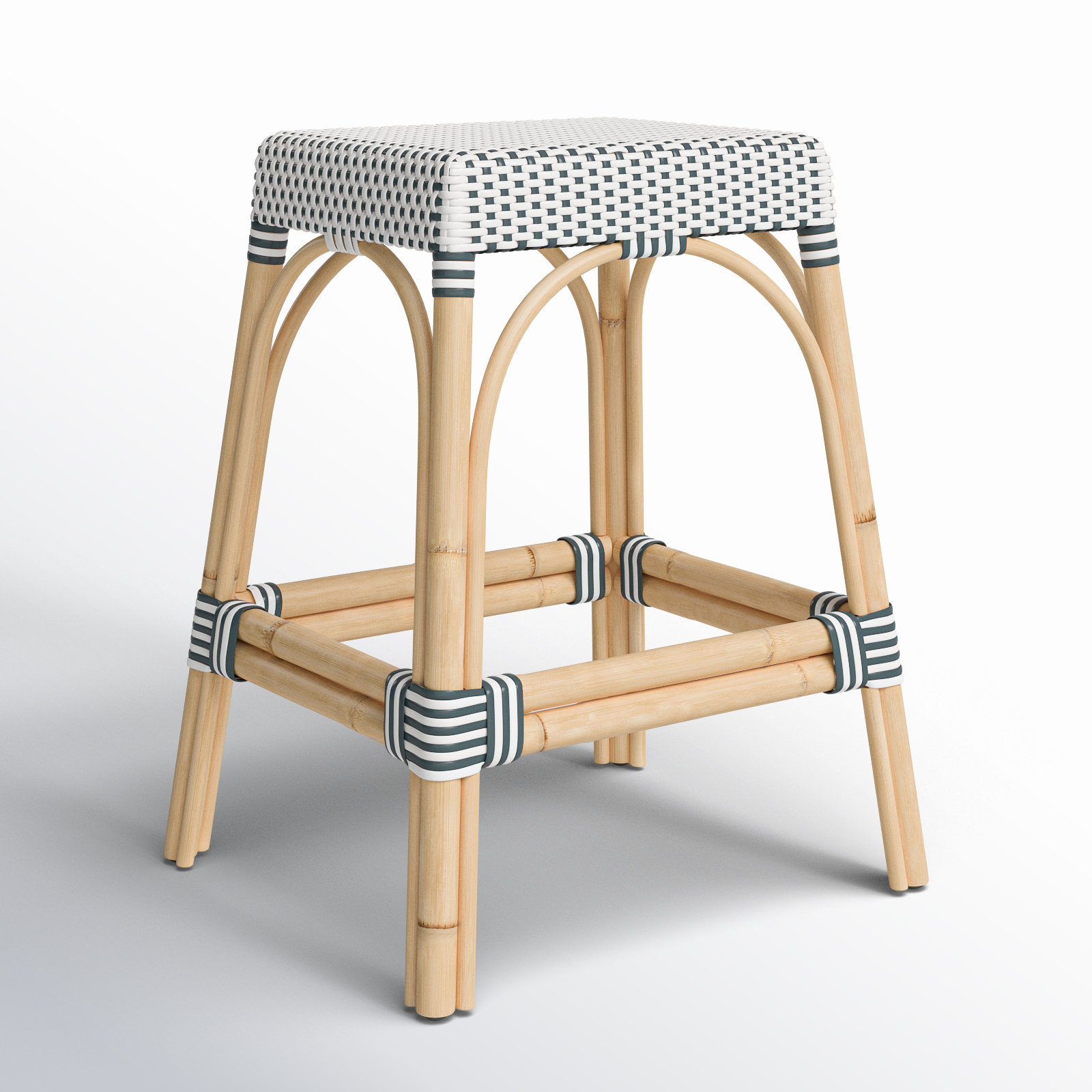Lennart Bar Stool, White/Navy Dot/ Natural Rattan Frame, Counter Stool (24.5" Seat Height)