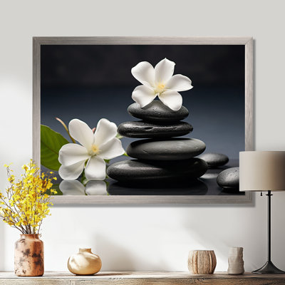 «Zen Black River Stone Blooming Magnolias», reproduction sur toile Lily