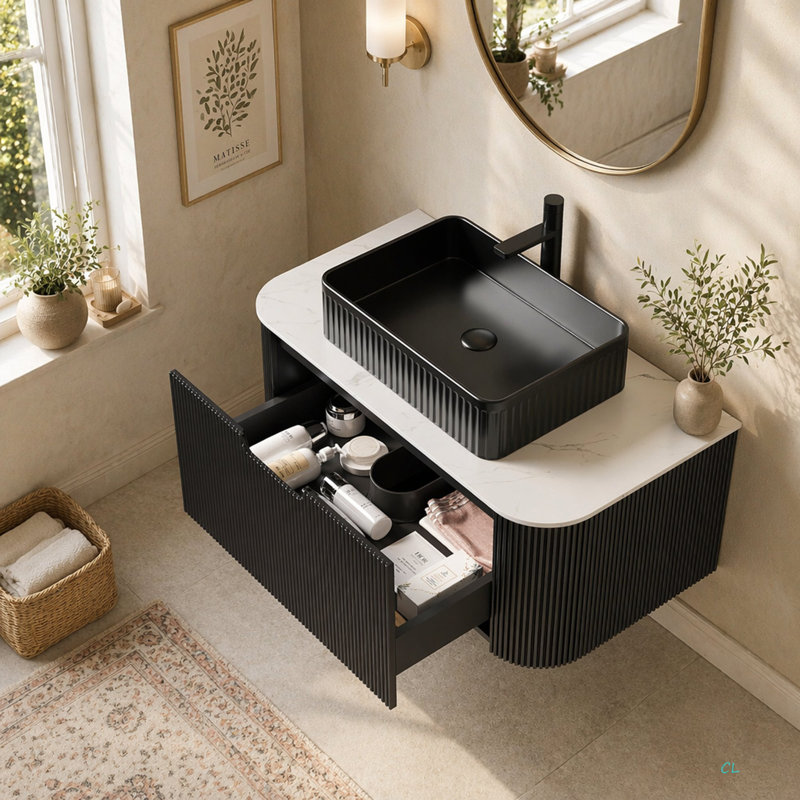 Meuble-lavabo de salle de bain 36 po avec lavabo, lavabo à fixation murale à bords arrondis flottants avec lavabo à tiroir rectangulaire en céramique, sans robinet, pré-assemblé