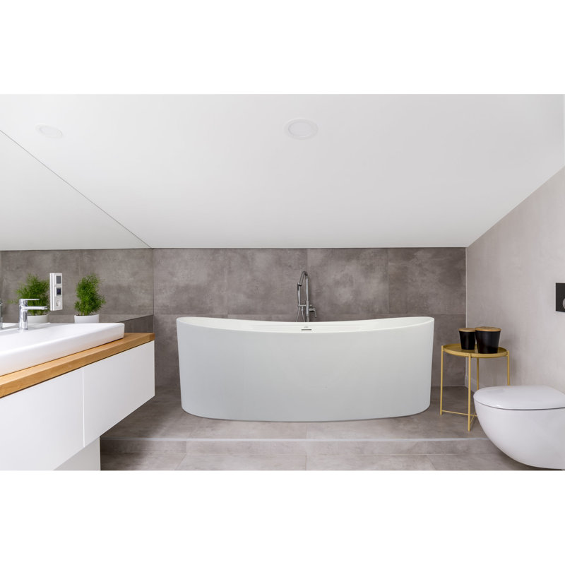Grant 66" x 36" Freestanding Soaking Solid Surface Bathtub, Glossy White, Satin Chrome