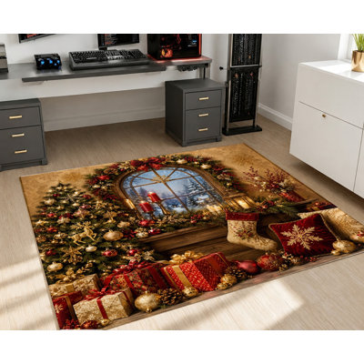 Tapis de Noël lavable à la machine avec envers antidérapant, tapis de sol festif avec vue de fenêtre hivernale, décoration intérieure confortable pour le salon, la chambre à coucher, l'entrée, la cuisine, appartement