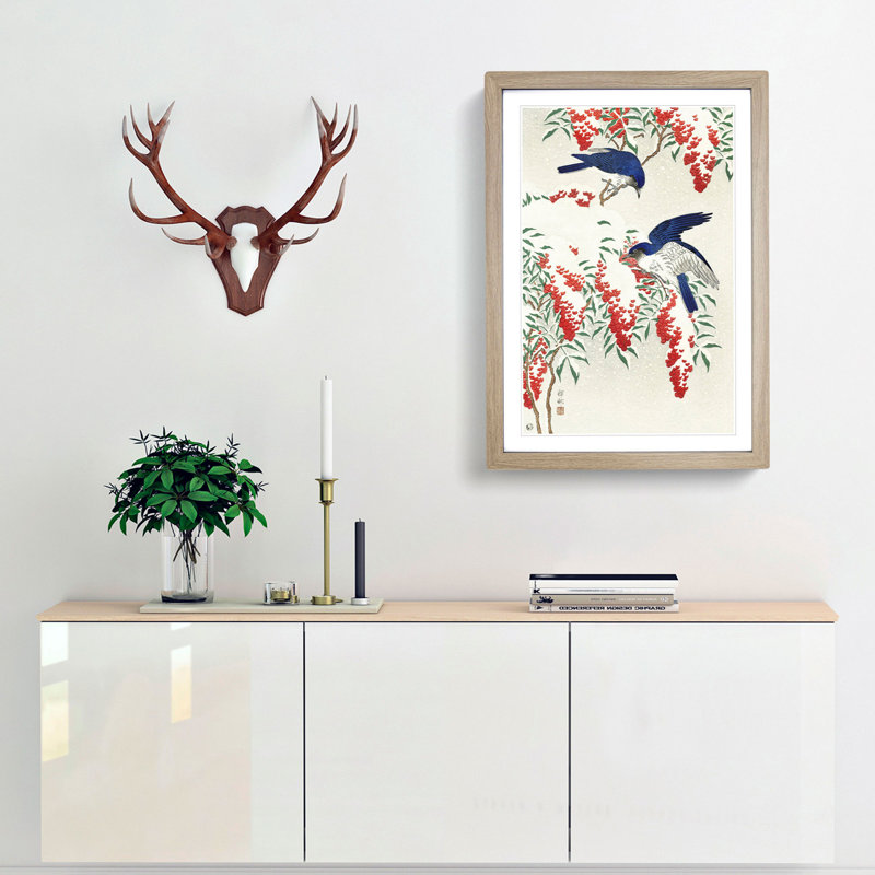 Birds on a Nandina Bush by Ohara Koson - Picture Frame Painting Print, 48cm H x 36cm W x 2cm D, Oak Framed