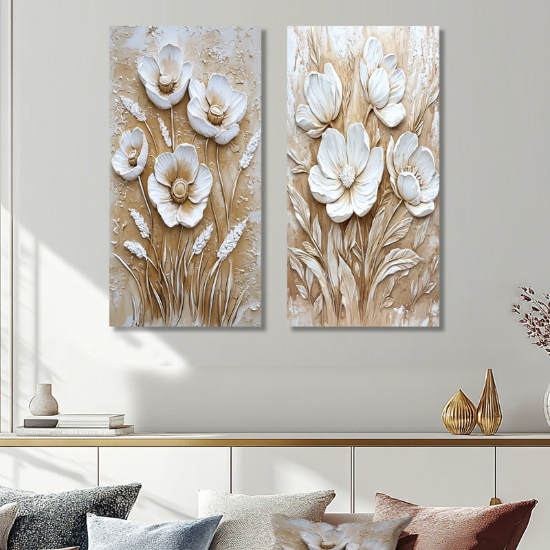 «Vintage Buttercups Golden White» - ensemble d'art mural surdimensionné en métal surdimensionné, 40" H x 40" W