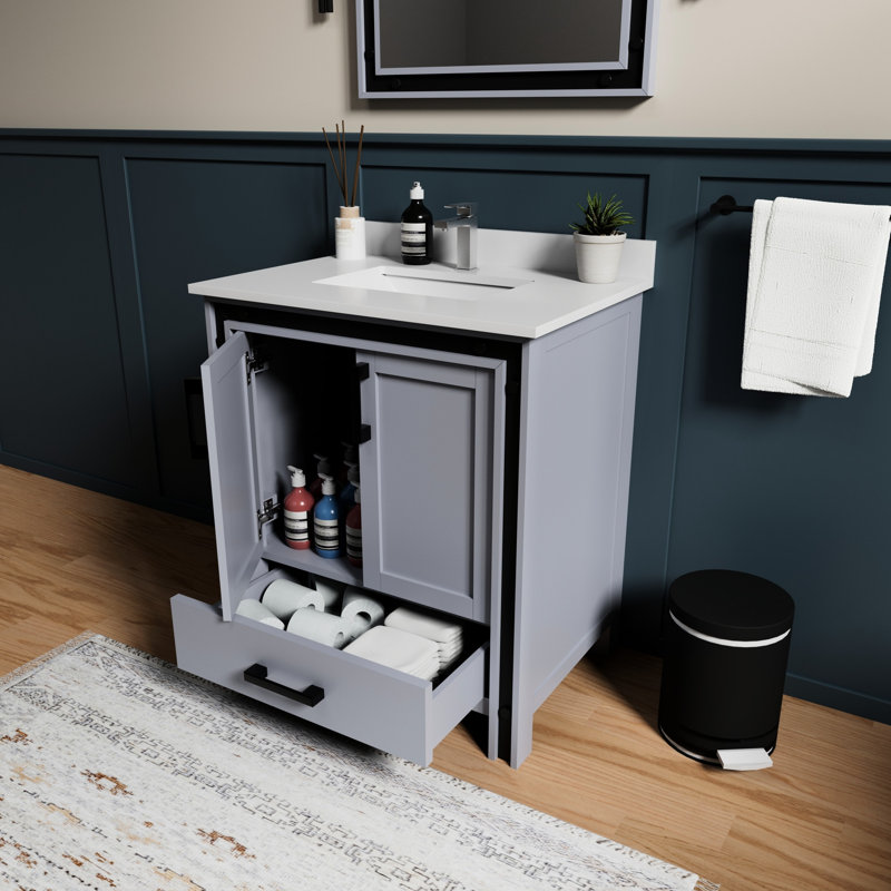Meuble-lavabo gris foncé de 76 cm (L) x 56 cm (P) avec miroir de 71 cm et nombreux rangements pour une salle de bain bien pensée.