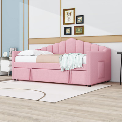Twin Velvet Upholstered Daybed with Pop-Up Trundle, Pockets, USB and Type-C Charging Ports