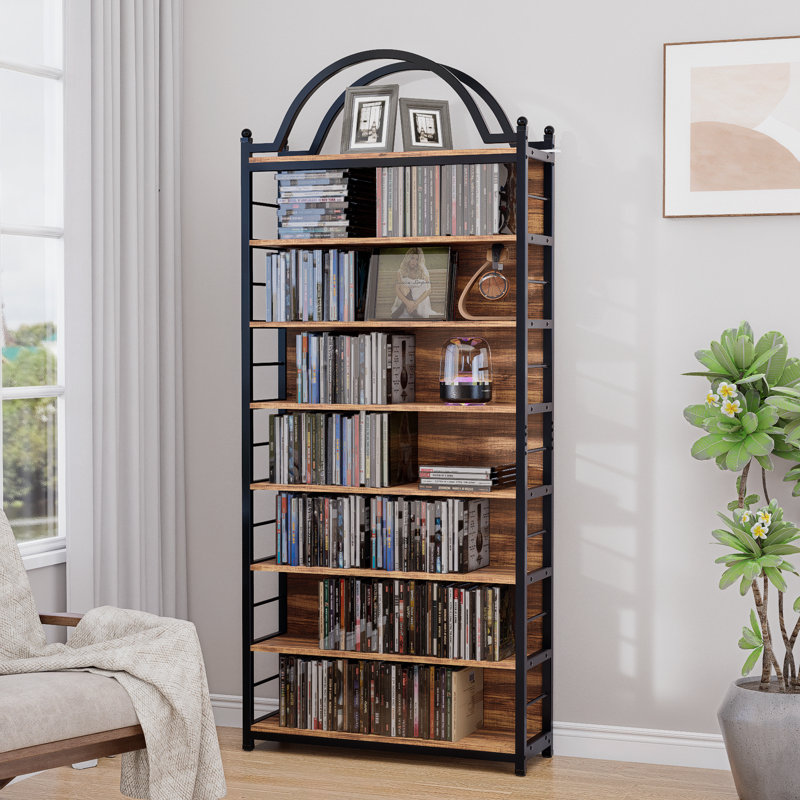8-tier Cd Storage Racks,cds Dvds Game Video Media Organizer Cabinet With 7 Shelves,78.7" Arched-top Industrial Tall Bookshelf Display Bookcase