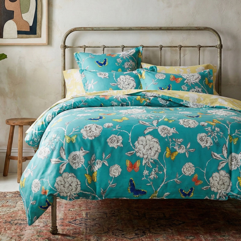 Butterfly Wonderland Cotton Floral Duvet Cover, California King