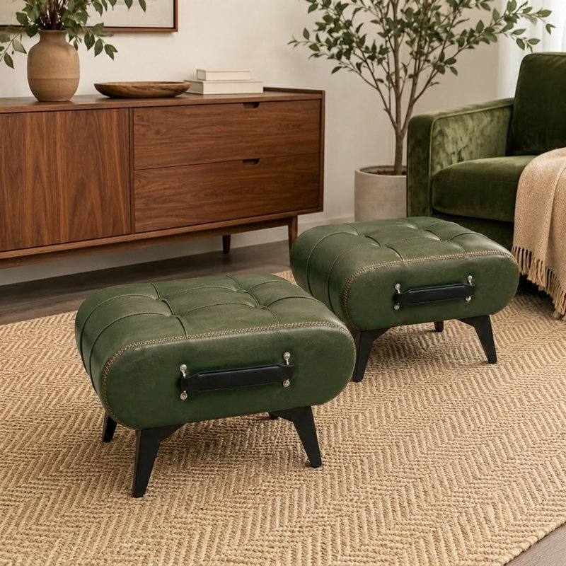 Repose-pieds moderne capitonné en cuir avec compartiment de rangement caché, Vert + cuir