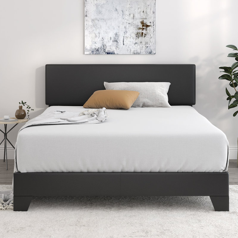 Avel Simple Rectangular Upholstered Platform bed, Queen, Black Faux Leather