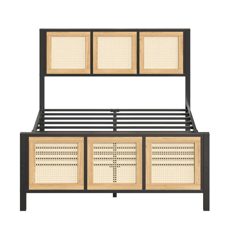 Vena Boho Style Full Bed Frame with Rattan Headboard and Footboard, No Box Spring Needed, Iron Platform Bed With Stable Metal Frame