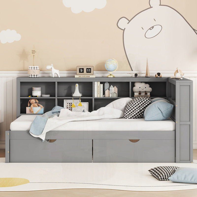 Lit de jour simple en bois avec 2 tiroirs, tablette de rangement et ports de chargement USB pour une vie moderne