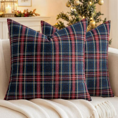 Housses de coussin de Noël en tissu écossais tartan 24 x 24 bleu