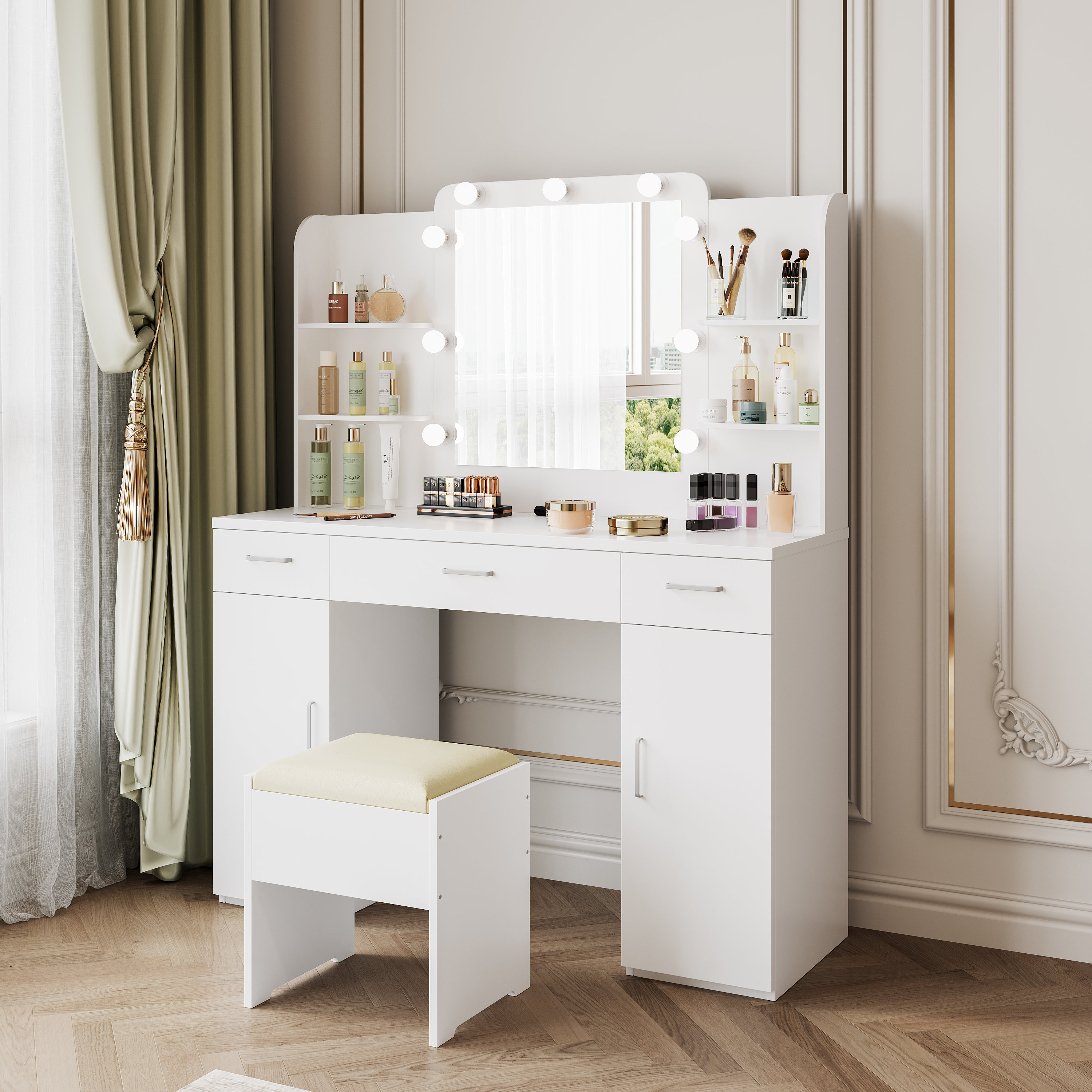 Wade Logan Baeli Vanity Set with Lighted Mirror and Cushioned Stool