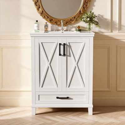 24-Inch Modern Bathroom Vanity With Ceramic Sink, Solid Wood Frame, MDF, Soft-Close Doors, Divided Drawer, Dual Storage Shelves