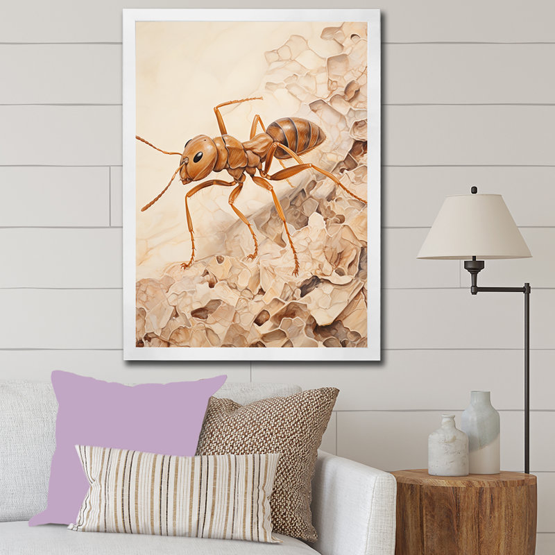 Minimalisme, fourmi beige, collage sur toile, Cadre simple blanc, H 20 po x l 12 po x P 1 po