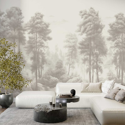 Gray Misty Pine Forest Wall Mural | Neutral Foggy Tree Landscape Wallpaper | Non-Woven or Peel and Stick