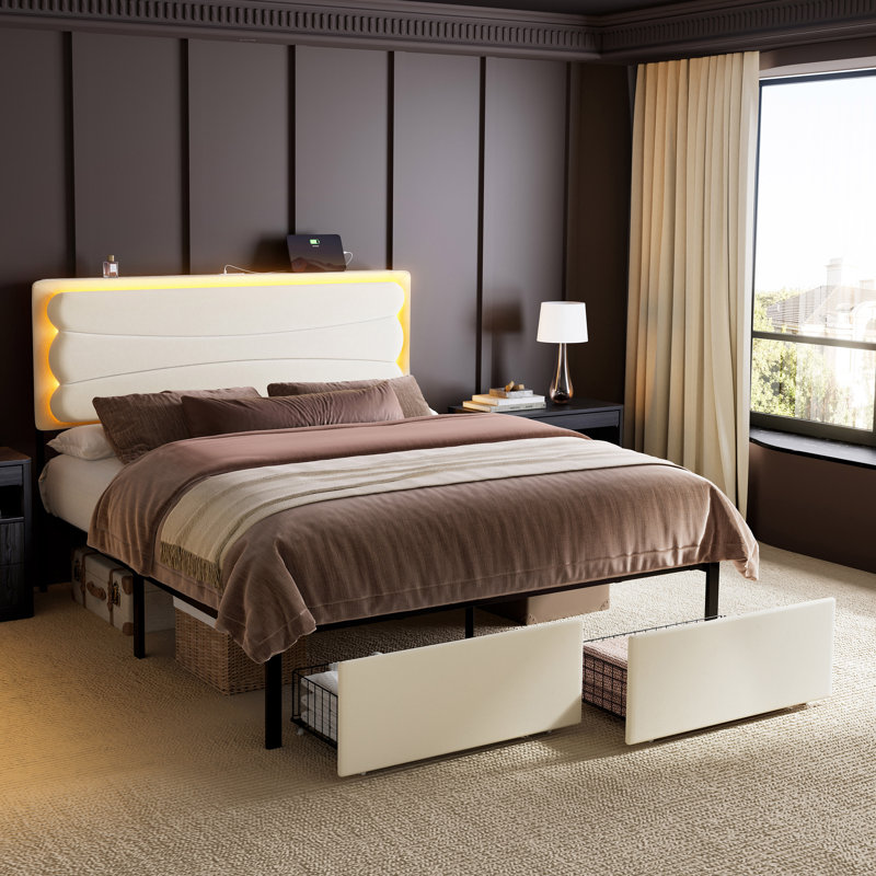 Lit double tapissier avec 2 tiroirs de rangement, lit de rangement en velours avec lumière DEL et station de charge, Complète