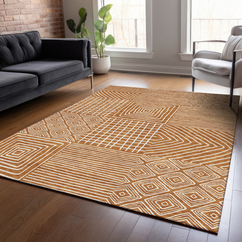 Paprika Red Square Synthetic Washable Easy Care Rug