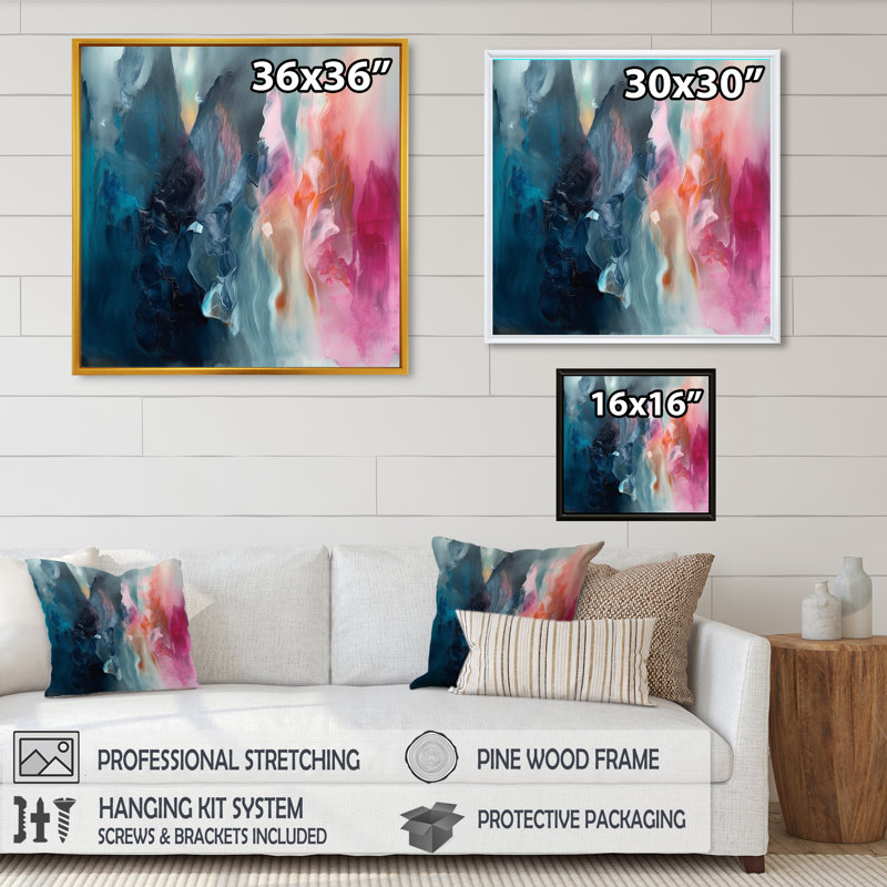 «Desyree Blue and Pink Spatula Abstract», art mural abstrait, L 36 po x H 36 po, Cadre flottant noir